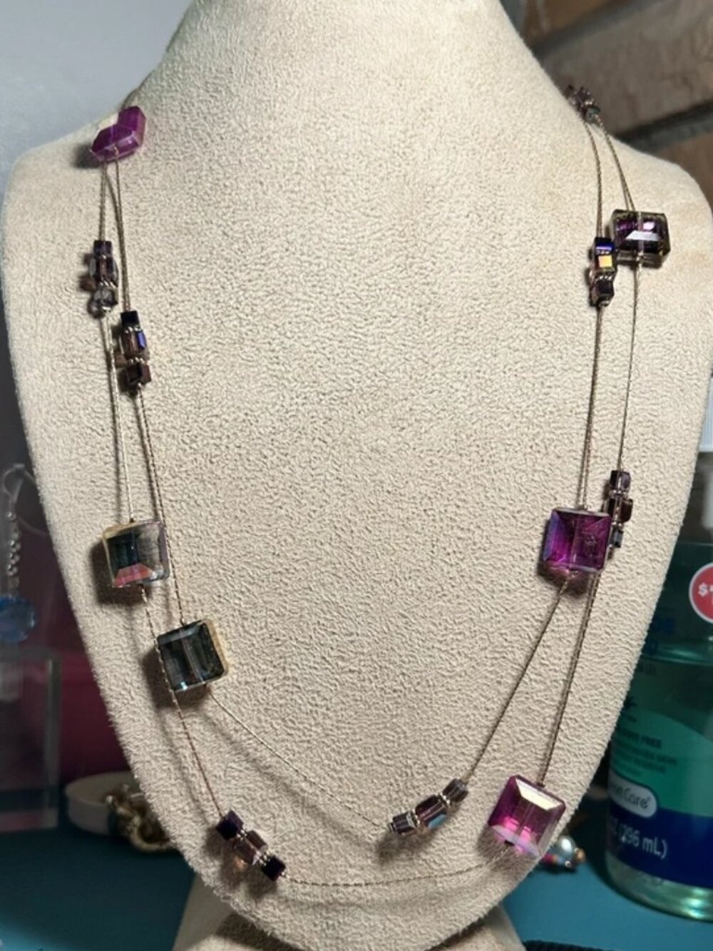Vintage Ali Khan New York Purple Crystal Cube Station Layered Necklace